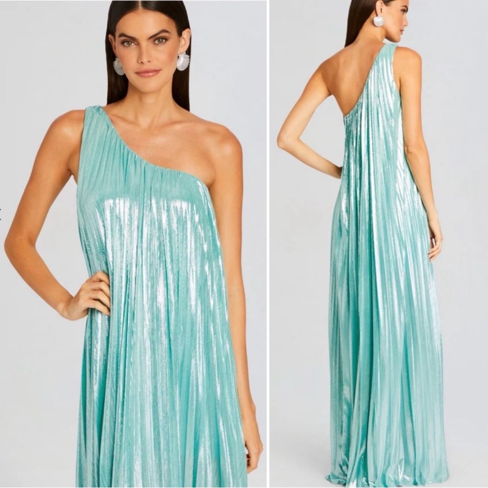 NWOT Retrofete Kensley Pleated One Shoulder Metallic Shimmer Maxi Gown Seafoam.